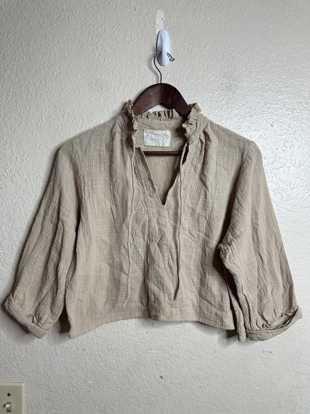 Rufina Ruffle Neck Cropped Peasant Blouse Balloon Sleeve size M Boho